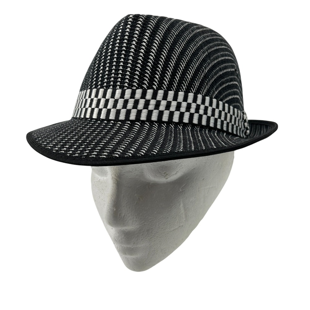 VTG Blue Seahorse Fedora Size M Hat Black White Woven Checkerboard Band